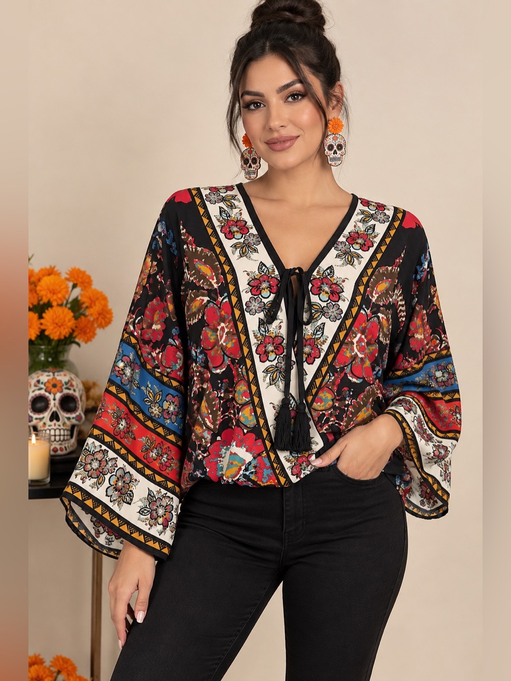 Flying Tomato Black Floral V-Neck Tie-Front Blouse